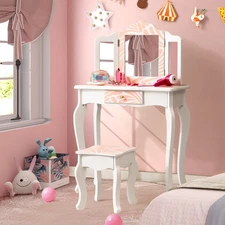 2 in 1 Kids Vanity Table Set Princess Pretend Play Makeup Dressing Table Pink