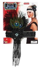 Deluxe Black Flapper Headband with Peacock Feather Costume Accessory