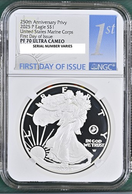 #ad 2025 P Proof Silver Eagle Marine Corps Privy NGC PF70 First Day of Issue $319.00