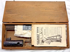 A.C. Gilbert Wooden Box Erector Set Lot Vintage Motor Parts Plates Wheels 1920s