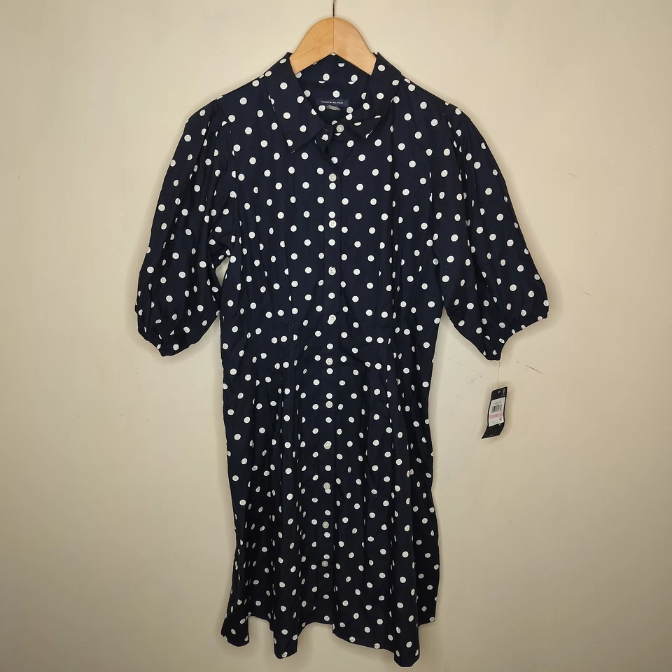 Vestido Camisa Tommy Hilfiger Lunares Talla 10 Mujer Azul Marino Manga Globo Nuevo con Etiquetas Foto 2 de 4