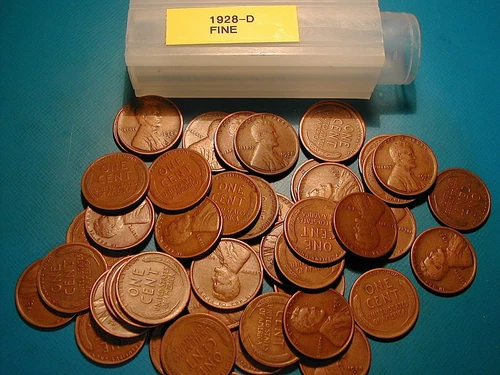 1928-D LINCOLN WHEAT CENT PENNY ROLL HIGH GRADE, all coins "FINE" condition