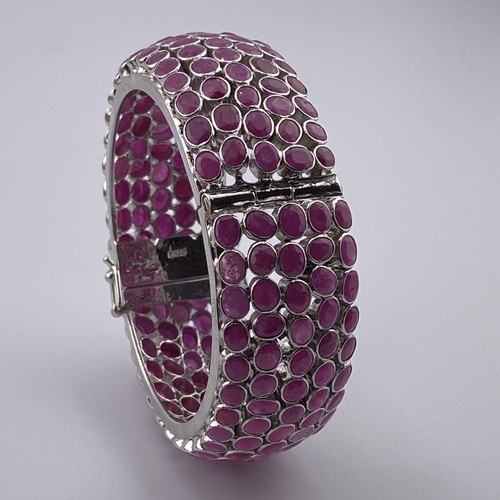 Beautiful Oval Natural Ruby Stone 925 Sterling Silver Amazing Unique Bangle - Picture 4 of 15