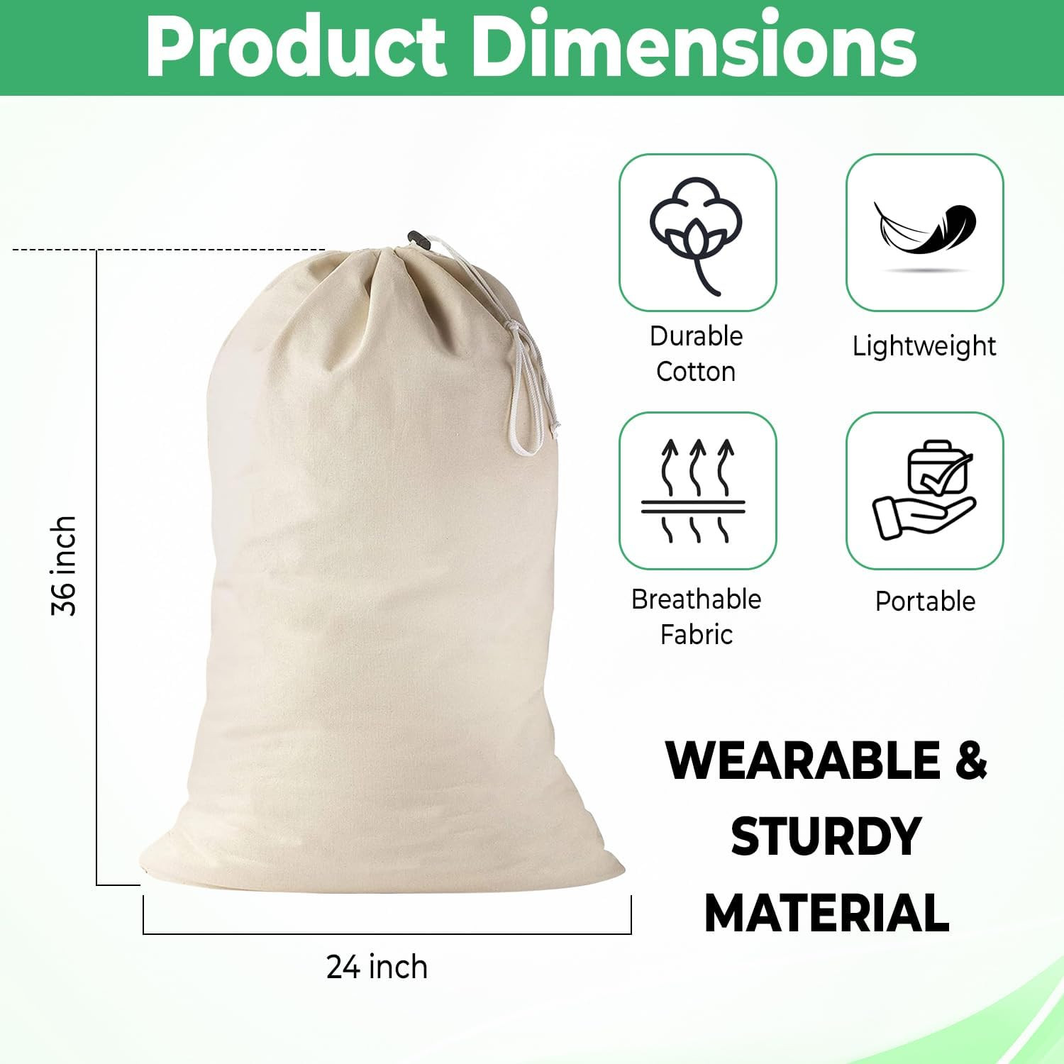 2 Pack - Extra Large Cotton Laundry Bag, Heavy Duty Large Laundry Bags 24 X 36 I