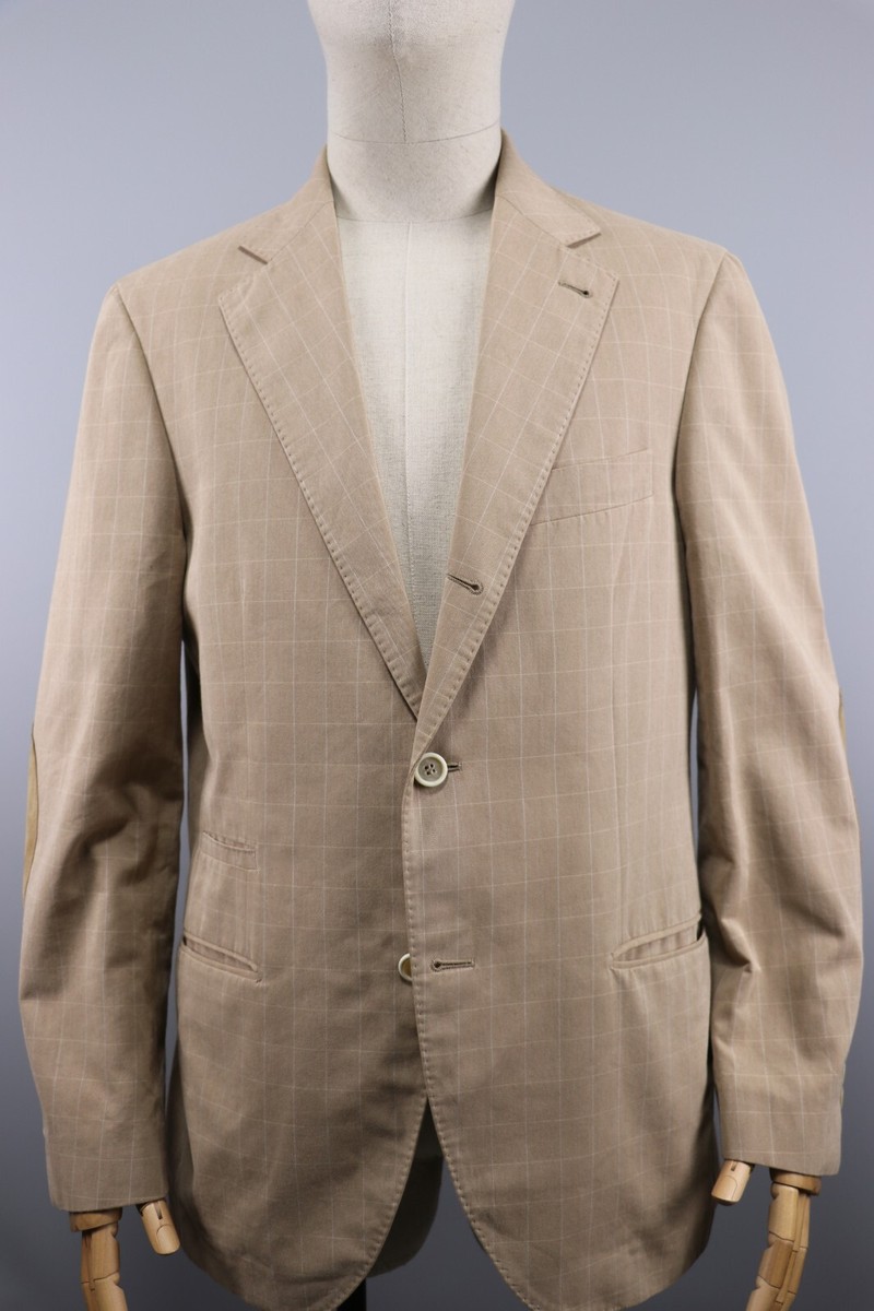 BRUNELLO CUCINELLI Plaid Beige Elbow pads Blazer Jacket Two Button