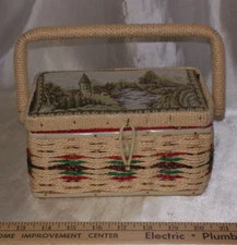 Smaller than Small Sewing Basket Child’s Woven Wicker Tapestry Top Red Lining