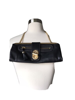 B. MAKOWSKY LEATHER BLACK SMALL SHOULDER BAG WITH GOLD CHAIN STRAP PURSE 