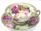 ANTIQUE Hand Painted NIPPON Teacup & Saucer Pink Roses Gold Beaded Moriage