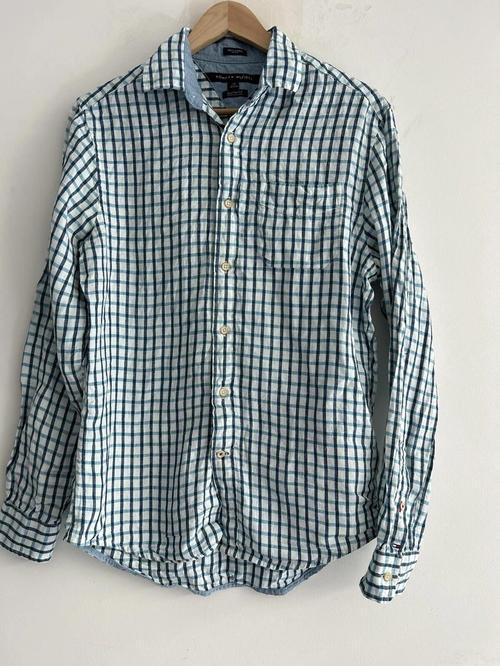 Tommy Hilfiger Linen Plaid Check Shirt Size Small Custom Fit - image 2 of 4