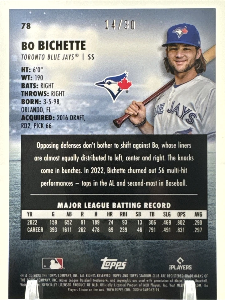 2023 Topps Stadium Club Chrome Bo Bichette Pearl White Refractor /30 #78 Toronto - Image 3 of 3