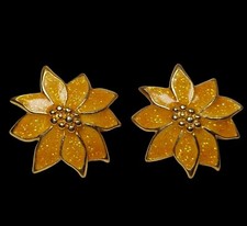 Vintage Avon Poinsettia Earrings Glitter Gold Tone Christmas Flower Pierced 1"