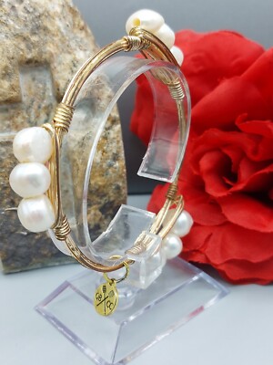 Queen Bee Creations CO Bracelet Gold Tone Wire Bangle Faux Pearl Stations 7.5''