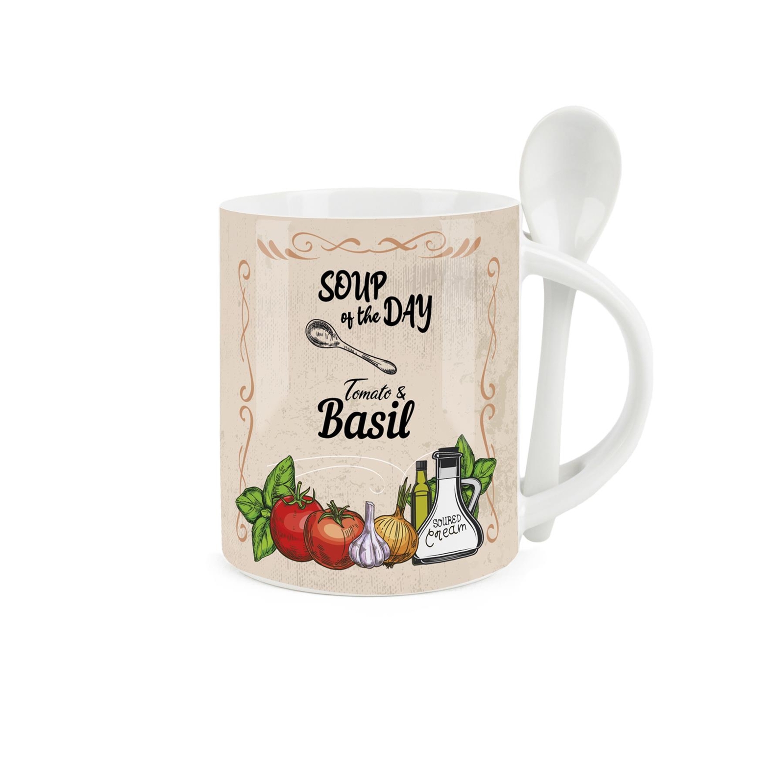 Soup Mug & Spoon Set - Red Tomato & Basil Novelty Ceramic Mug Gift for Foodies