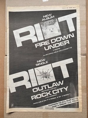 - RIOT FIRE DOWN UNDER POSTER SIZED original music press advert from 1981 (aged)