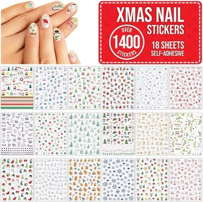 FUN STICKERS Christmas Nail Stickers Over 1400 for Children, Kids, Adults - 18 Sheets Self A
