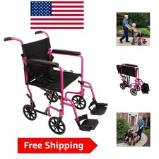 Safe and Stylish Pink Folding Wheelchair with Padded Armrests - 300 lbs Capacity