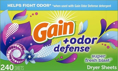 Gain Dryer Sheets Plus Odor Defense, Super Fresh Blast 240 Count (Pack of 1) 