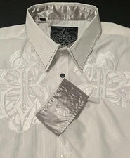 ROAR Mens Formal Shirt-2XL-White Pin Stripe-Embroidered-Sage Satin Flip Cuff