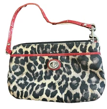 COACH Womens Park Red/Black Ocelot Animal Print Wristlet GUC Small PRE-OWNED