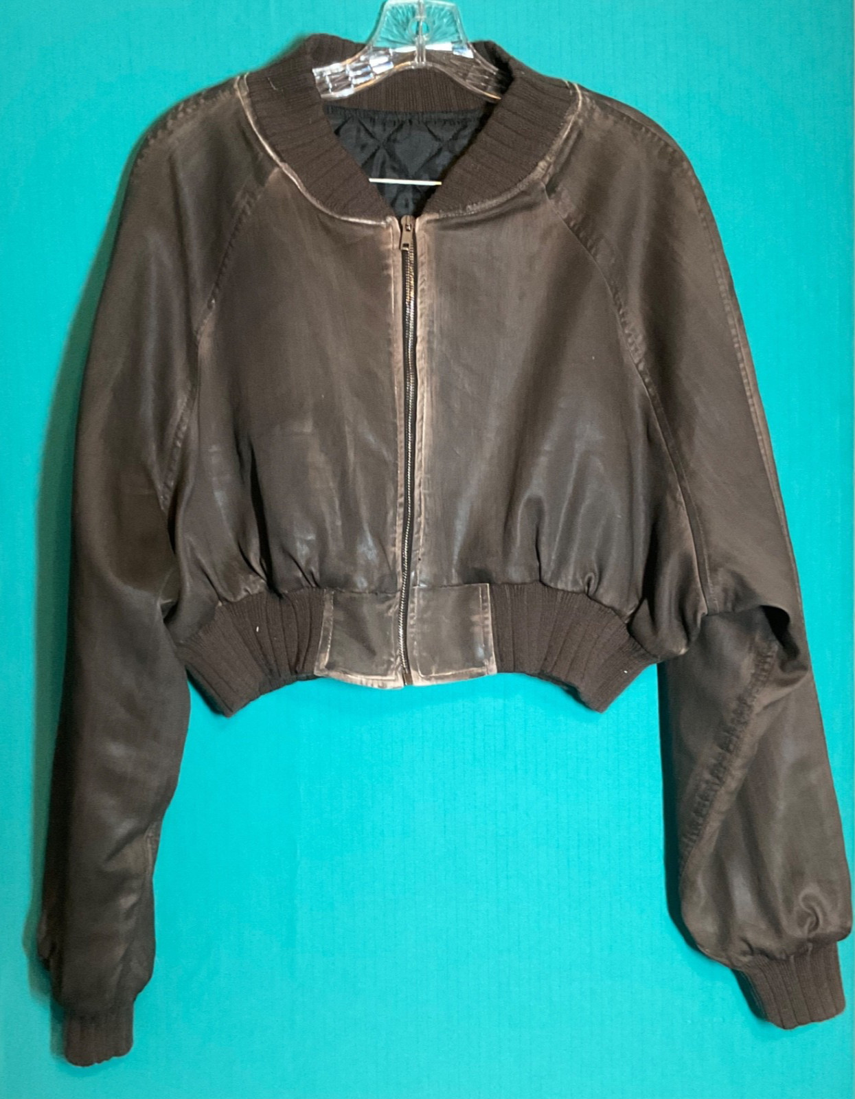 New EB Denim Brown Distressed Cropped Bomber Jacket SZ S Trending Streetwear