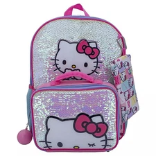 5 Piece Hello Kitty Backpack Lunch Box Bag Lunchbox Case Flip Sequins Sanrio NWT
