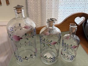 3 VINTAGE SHAFFORD APOTHECARY BOTTLES HAND PAINTED CORK METAL STOPPERS PORTUGAL