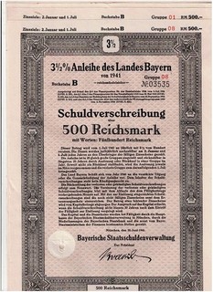 Set 4 Land Bayern München 1941 bond 500 Reichsmark VF/VF