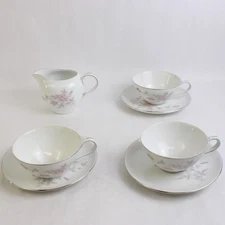 7 Piece Marietta Milady Fine China Teacups Saucers & Creamer Pink Rose Set