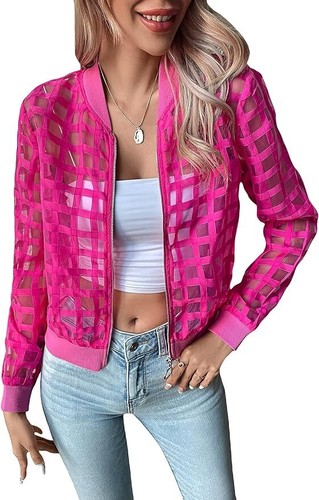 NEW SHEER BOMBER CROPPED JACKET 4-COLORS unique leisure WHITE concert casual SML - Picture 4 of 12
