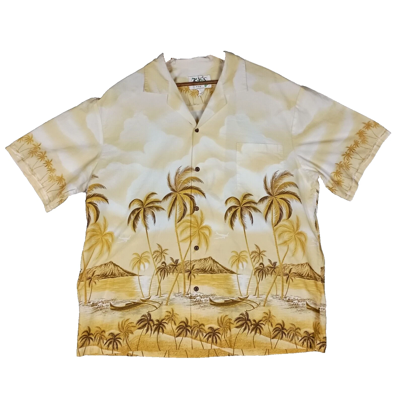 KY's Hawaiian Shirt Men 2XL? (53" Chest) Yellow Tropical Palm Beach Aloha Retro