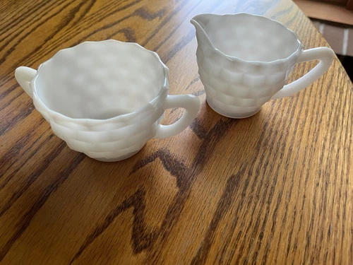 Vintage Anchor Hocking Milk Glass Cube Pattern Sugar And Creamer Set
