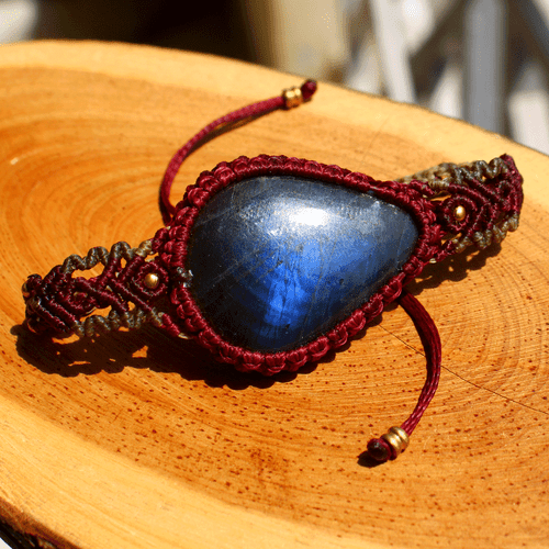 Handmade Natural Labradorite Blue Fire Micro Macrame Cuff Boho Crystal Bracelet - Picture 6 of 11