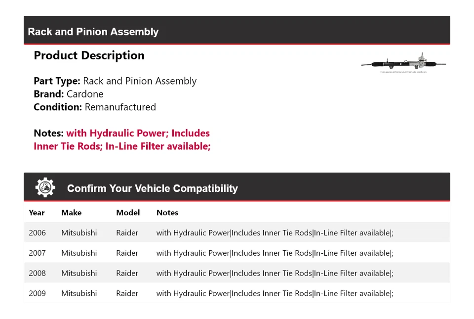 适用于 2006 - 2009 年三菱 Raider 架和小齿轮总成 Cardone 2007 2008 — 第 2/4 张图片