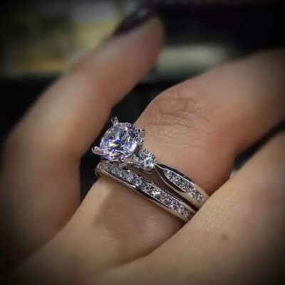 Vintage Art Deco Lab Created Diamond Wedding Engagement 925 Silver Gift Ring Set