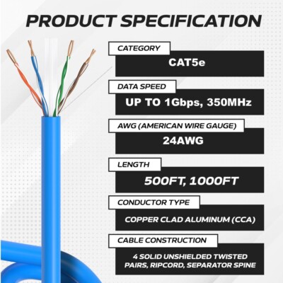 Cavo Solido 24AWG Per Rete Cavo Ethernet Cat5e Schermato FTP – 1000 Piedi (305m) In Blu | Per Reti Cablate Ad Alta Velocità | Cavo Bulk Cavo Utp Cat 5e - Foto 4