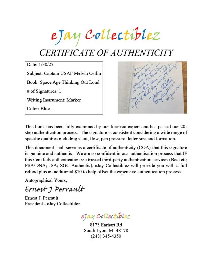 Captain USAF Melvin Ostlin SIGNED Space Age Thinking Out Loud 1962 1st Ed. COA - Image 2 of 4