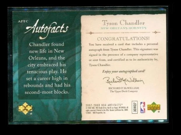 2007-08 Artifacts Autofacts Hornets Basketball Card AFTC Tyson Chandler Auto - Image 2 of 2