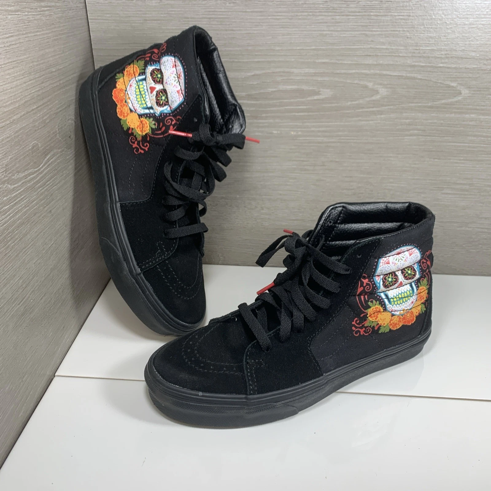 Donna 9 Uomo 7 5 VANS Sk8 Alto Dia De Los Muertos Nero Scamosciato