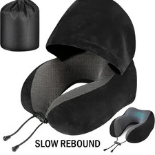 Memory Foam Hooded Travel Pillow U-Shaped Neck Support Airplane Car Office Home