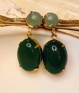 Authentic Superior Minimalist Natural Jade Green In Drop Gold Plated Earrings