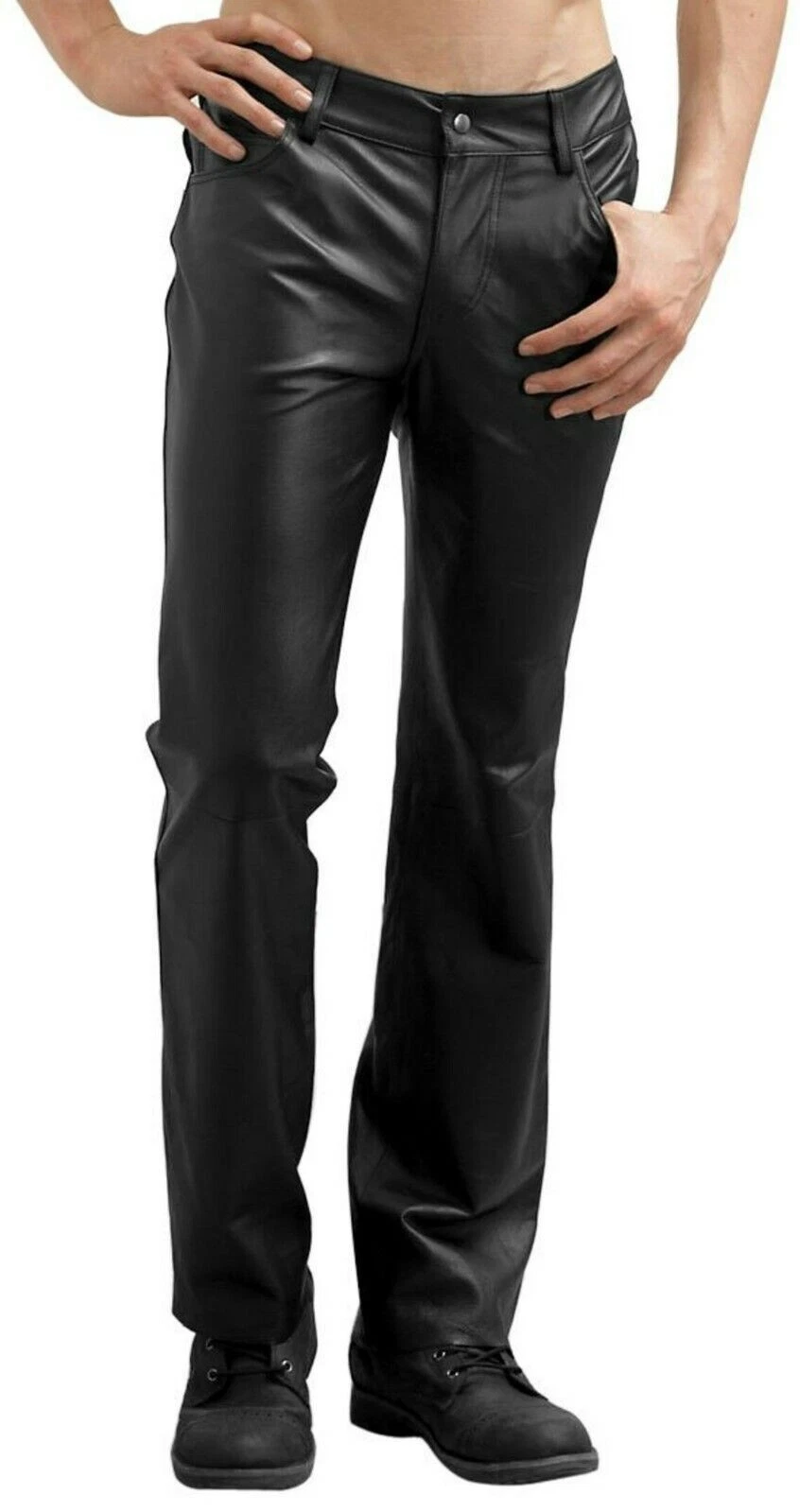 Men's Black Leather Real Lambskin Leather For Men's Pants Slim Fit Casual