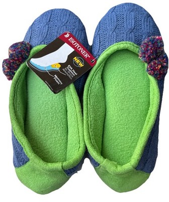 totes ISOTONER Blue Cable Knit Ballet Slippers w/Pom Poms, S (5-6)