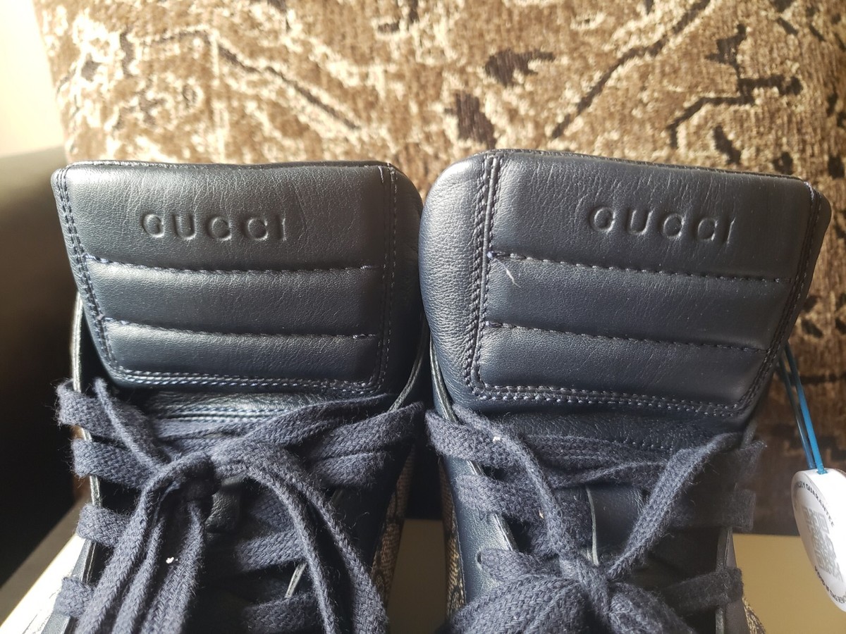 GUCCI GG Supreme Hi Top Sneaker Navy Blue & Brown Canvas Men GUCCI GG Supreme Hi Top Sneaker Navy Blue & Brown Canvas Men