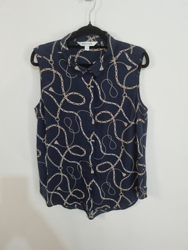 PREVIEW size 12 navy blue gold chain collared sleeveless blouse button work - Picture 1 of 5