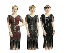 New Vintage Sequins Dress Flapper Great Gatsby Fringed Beaded Party Costume