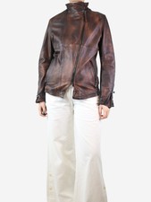 Empresa Brown Leather Faded-effect Jacket - Size Uk 14
