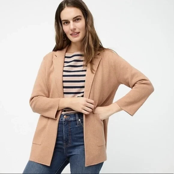 J. Crew Camel Sophie Open-Front Sweater-Blazer Cardigan Wool Cotton Blend XS