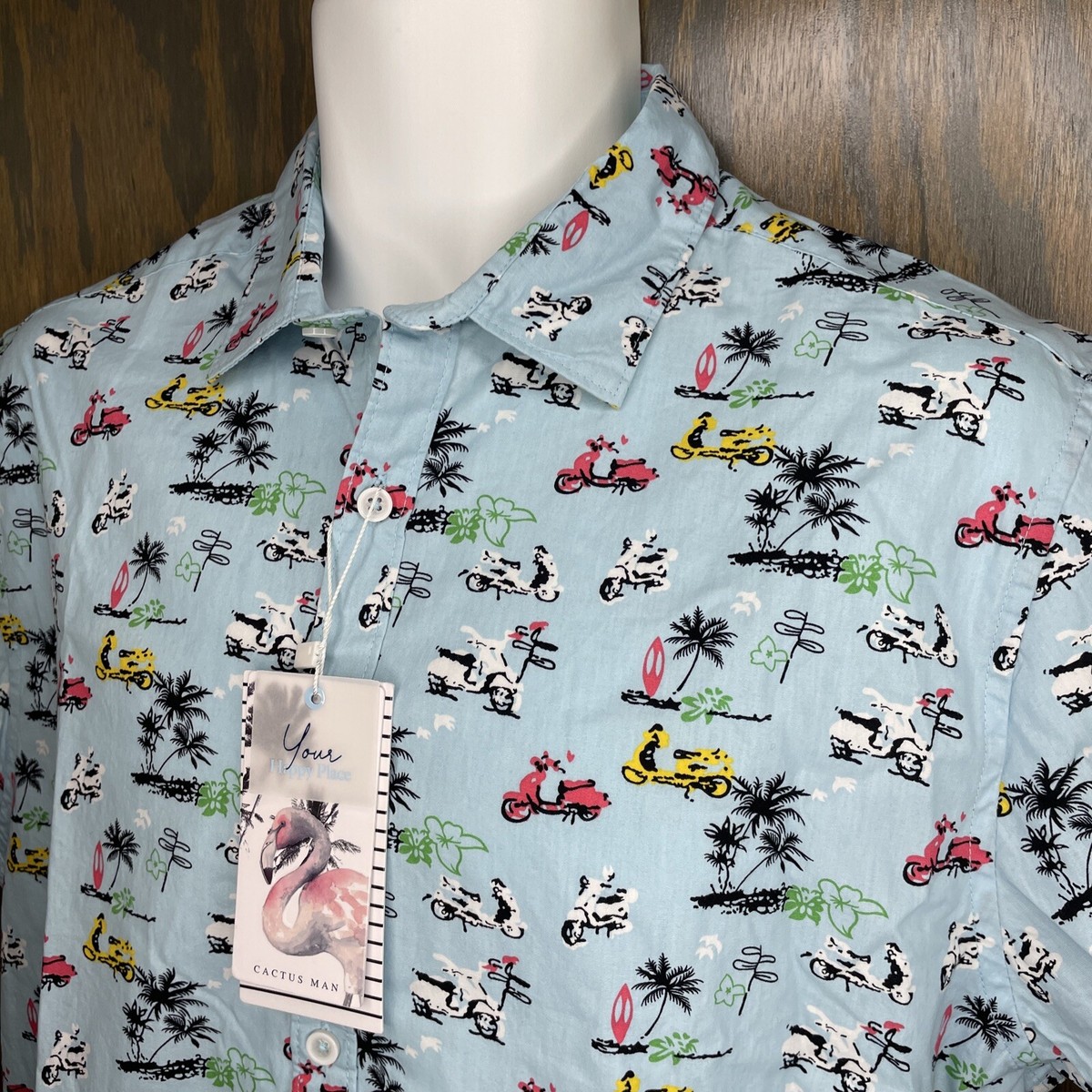 Cactus Man Mens S Blue Vespa Scooter Tropical Button Cotton Shirt