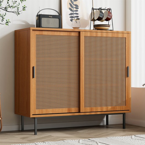Sideboard mit Rattangeflecht 3 Ebenen 2 Türen Küchenschrank Wohnzimmer Esszimmer - Bild 2 von 12