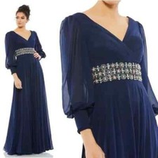 Mac Duggal Midnight Blue Beaded Belt Long Sleeve A-Line Gown Size 8 $598